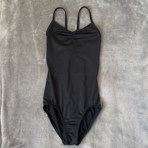 black high back pinch front leotard with cross back straps